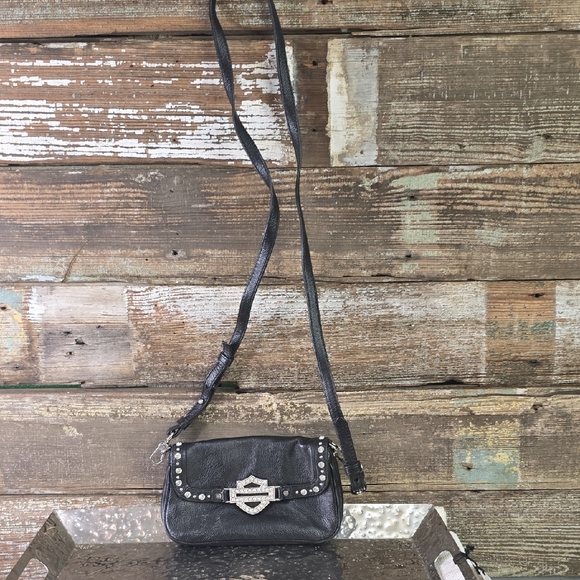 Harley Davidson Black Leather Studded Crossbody Bag, EUC - Picture 1 of 6